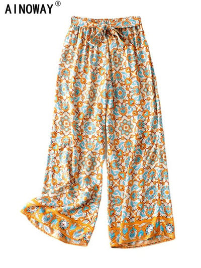 Vintažinės prašmatnios moteriškos gėlių raštos plačiomis kojomis Bohemian Happie Pants Moteriškos Varčios Laisvos Rayon Boho Ilgos Kelnės, Oversize