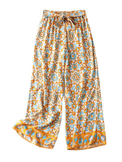 Vintage elegáns női virágmintás széles szárú bohém boldog nadrág női szárnyak laza műselyem boho hosszú nadrág túlméretezett