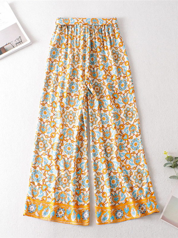 Vintage elegáns női virágmintás széles szárú bohém boldog nadrág női szárnyak laza műselyem boho hosszú nadrág túlméretezett