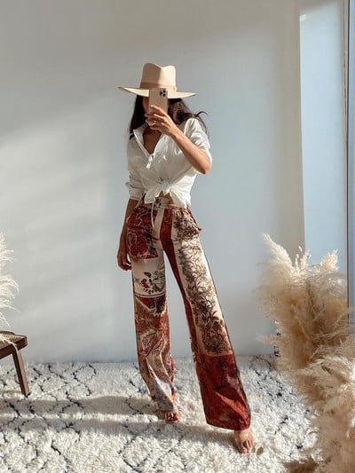 SLMD Vintage Chic Kontrastvärvid Patchwork Print Püksid Naiste 2021 Mood Elastne Vööküljel Taskud Püksid Pantalones Mujer