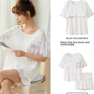 Rövid ujjú női pizsama mellkaspárnával Kényelmes női nyári pizsama szettek Nyomtatott modális hálóruha Fiatal lány stílusú ruhák