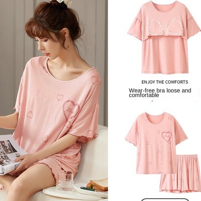 Rövid ujjú női pizsama mellkaspárnával Kényelmes női nyári pizsama szettek Nyomtatott modális hálóruha Fiatal lány stílusú ruhák