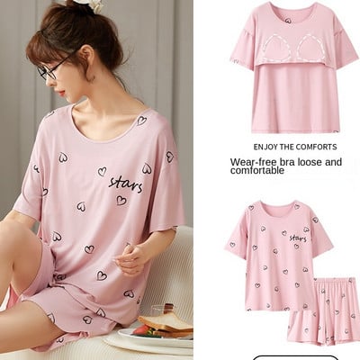 Rövid ujjú női pizsama mellkaspárnával Kényelmes női nyári pizsama szettek Nyomtatott modális hálóruha Fiatal lány stílusú ruhák