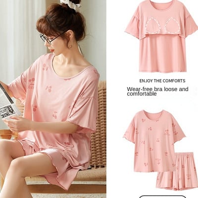 Rövid ujjú női pizsama mellkaspárnával Kényelmes női nyári pizsama szettek Nyomtatott modális hálóruha Fiatal lány stílusú ruhák