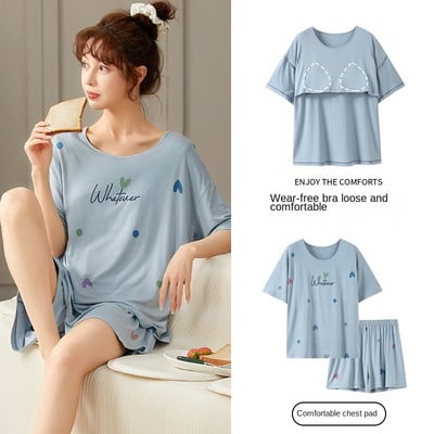 Rövid ujjú női pizsama mellkaspárnával Kényelmes női nyári pizsama szettek Nyomtatott modális hálóruha Fiatal lány stílusú ruhák