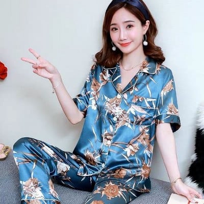 Női pizsama szett nyári rövid ujjú otthoni ruha selyem szatén hálóruha Rugalmas nadrág öltöny teljes nadrág női pizsama 3XL 4XL 5XL