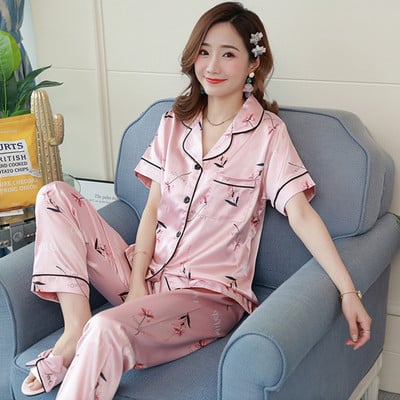 Női pizsama szett nyári rövid ujjú otthoni ruha selyem szatén hálóruha Rugalmas nadrág öltöny teljes nadrág női pizsama 3XL 4XL 5XL