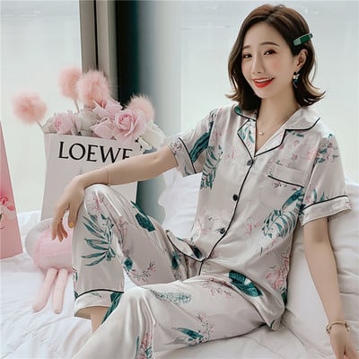 Női pizsama szett nyári rövid ujjú otthoni ruha selyem szatén hálóruha Rugalmas nadrág öltöny teljes nadrág női pizsama 3XL 4XL 5XL