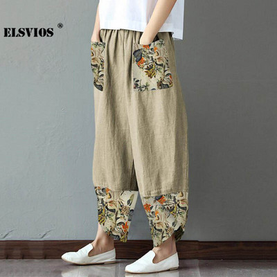 Άνοιξη φθινόπωρο μόδα Γυναικεία Βαμβακερά λινό μολύβι παντελόνι Casual print συνονθύλευμα Φαρδύ μακρύ παντελόνι Κομψό γυναικείο παντελόνι Streetwear