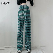 Személyiség Utcai rombusz alakú rácsos mintás drapéria egyenes nadrág Harajuku redőzött rugalmas, magas derékú női széles szárú nadrág trend