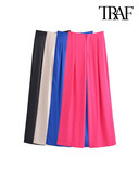 TRAF Moteriškos madingos priekinės smiginis Satininės tiesios kelnės Vintažinis aukštu juosmeniu Užtrauktuku Fly Moteriškos kelnės Mujer