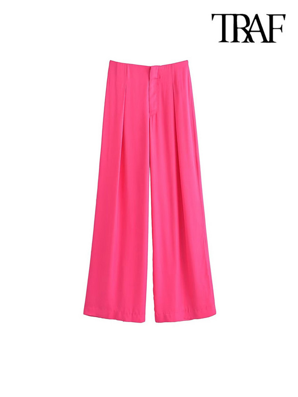 TRAF Moteriškos madingos priekinės smiginis Satininės tiesios kelnės Vintažinis aukštu juosmeniu Užtrauktuku Fly Moteriškos kelnės Mujer