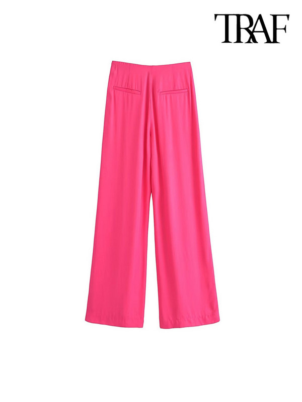 TRAF Moteriškos madingos priekinės smiginis Satininės tiesios kelnės Vintažinis aukštu juosmeniu Užtrauktuku Fly Moteriškos kelnės Mujer