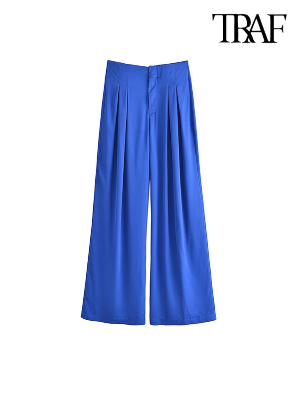 TRAF Moteriškos madingos priekinės smiginis Satininės tiesios kelnės Vintažinis aukštu juosmeniu Užtrauktuku Fly Moteriškos kelnės Mujer