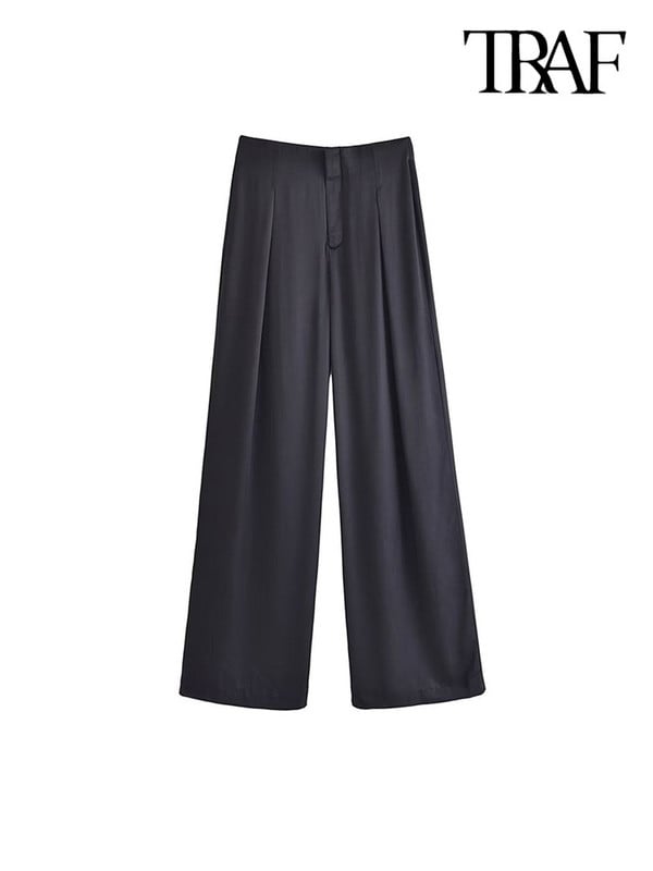 TRAF Moteriškos madingos priekinės smiginis Satininės tiesios kelnės Vintažinis aukštu juosmeniu Užtrauktuku Fly Moteriškos kelnės Mujer