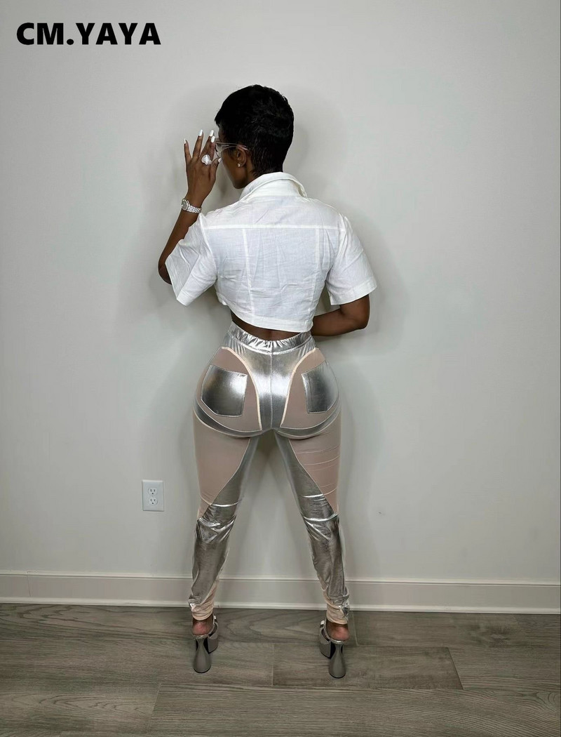 CM.YAYA női hálós, átlátszó, fényes PU patchwork leggings nadrág 2023 Street INS szexi ceruzanadrág