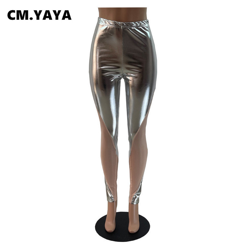 CM.YAYA női hálós, átlátszó, fényes PU patchwork leggings nadrág 2023 Street INS szexi ceruzanadrág