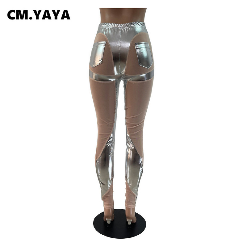 CM.YAYA női hálós, átlátszó, fényes PU patchwork leggings nadrág 2023 Street INS szexi ceruzanadrág