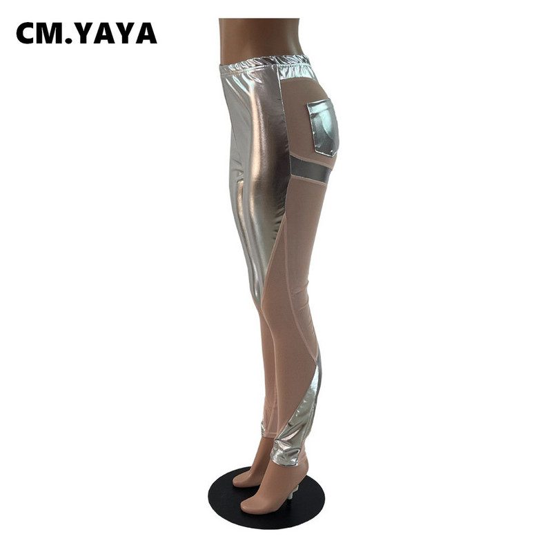 CM.YAYA női hálós, átlátszó, fényes PU patchwork leggings nadrág 2023 Street INS szexi ceruzanadrág