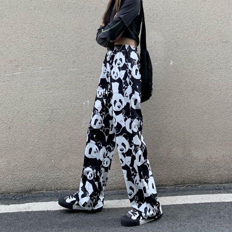 Női Harajuku Panda Nyomtatott széles szárú nadrágok Női koreai stílusú utcai ruházat Nagy méretű alkalmi nadrágok női 2022 páros hosszú nadrág