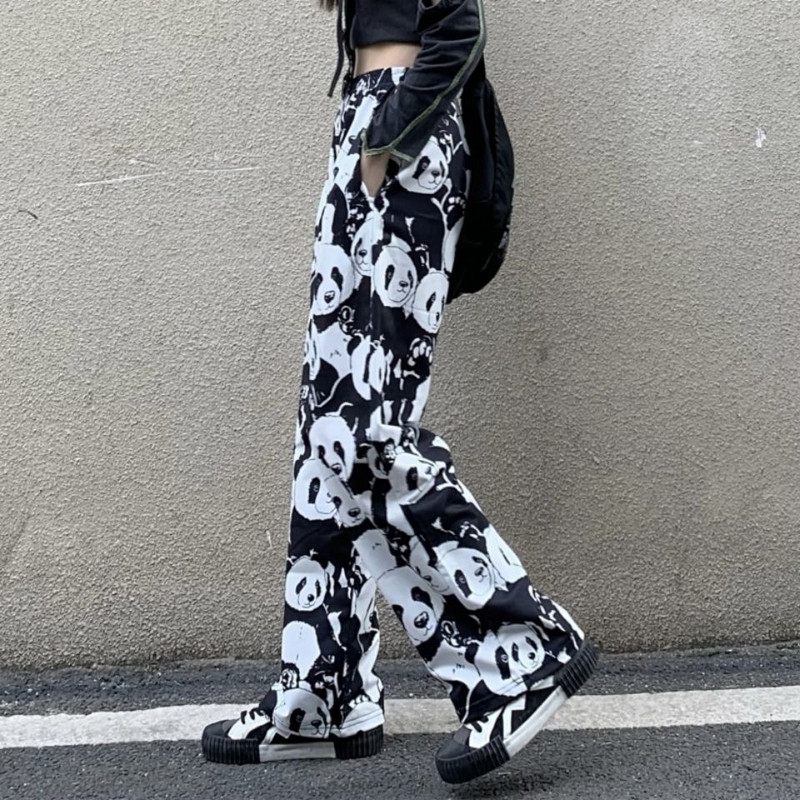 Női Harajuku Panda Nyomtatott széles szárú nadrágok Női koreai stílusú utcai ruházat Nagy méretű alkalmi nadrágok női 2022 páros hosszú nadrág