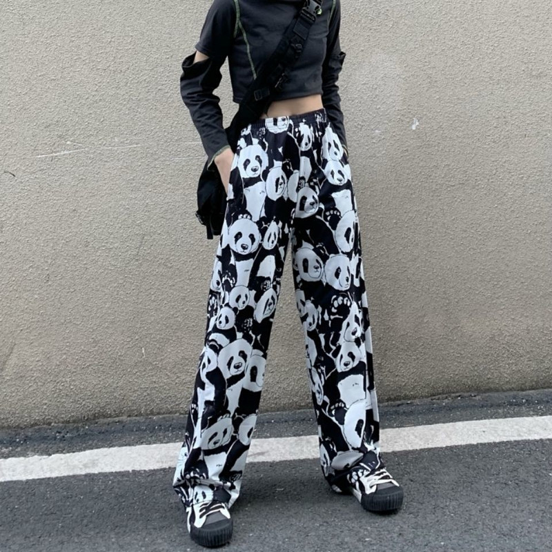 Női Harajuku Panda Nyomtatott széles szárú nadrágok Női koreai stílusú utcai ruházat Nagy méretű alkalmi nadrágok női 2022 páros hosszú nadrág