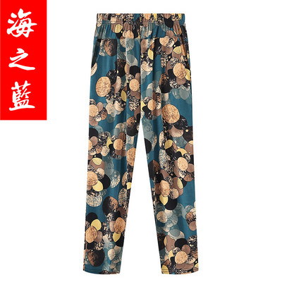 Vasaras sieviešu bikses ar apdruku 2023. g. Jaunas elastīgas bikses ar augstu vidukli, plānas ledus zīda bikses, brīvas liela izmēra sieviešu ikdienas devītās bikses 7XL 8XL