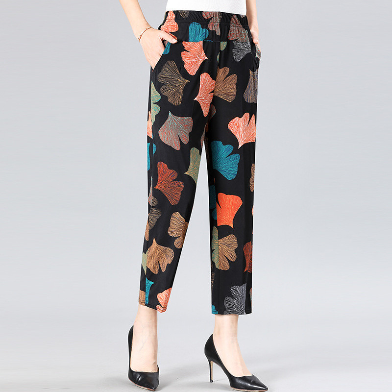 Vasaras sieviešu bikses ar apdruku 2023. g. Jaunas elastīgas bikses ar augstu vidukli, plānas ledus zīda bikses, brīvas liela izmēra sieviešu ikdienas devītās bikses 7XL 8XL