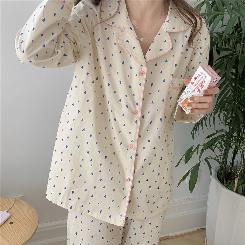 Ženske slatke pidžame s uzorkom srca Jednostavne labave, ugodne korejske salonke za mlade Pocket Patchwork Nježne mekane trendi ins