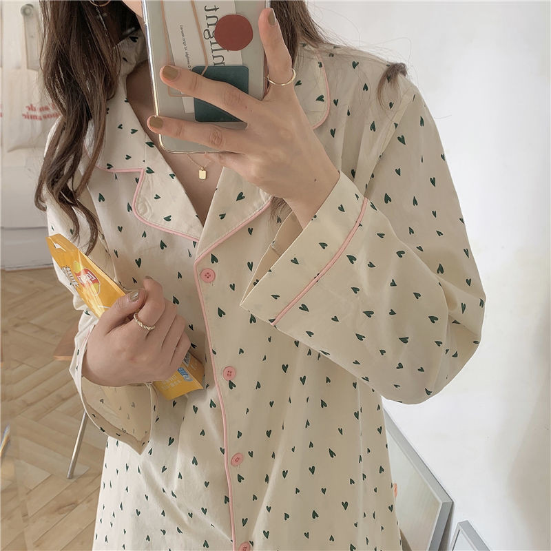 Ženske slatke pidžame s uzorkom srca Jednostavne labave, ugodne korejske salonke za mlade Pocket Patchwork Nježne mekane trendi ins