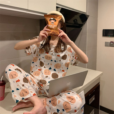 2022. gada jauns vasaras pidžamas komplekts sieviešu īsām piedurkņu pidžamām, garām biksēm Femme Cardigan naktsveļa uzvalks Sweet Fresh Home Wear