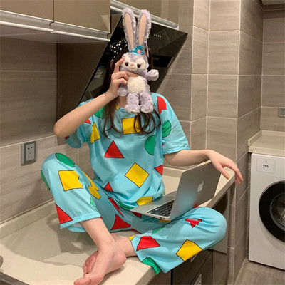 2022. gada jauns vasaras pidžamas komplekts sieviešu īsām piedurkņu pidžamām, garām biksēm Femme Cardigan naktsveļa uzvalks Sweet Fresh Home Wear