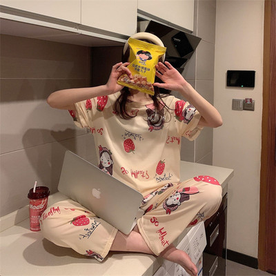 2022. gada jauns vasaras pidžamas komplekts sieviešu īsām piedurkņu pidžamām, garām biksēm Femme Cardigan naktsveļa uzvalks Sweet Fresh Home Wear