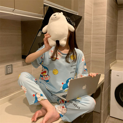 2022. gada jauns vasaras pidžamas komplekts sieviešu īsām piedurkņu pidžamām, garām biksēm Femme Cardigan naktsveļa uzvalks Sweet Fresh Home Wear