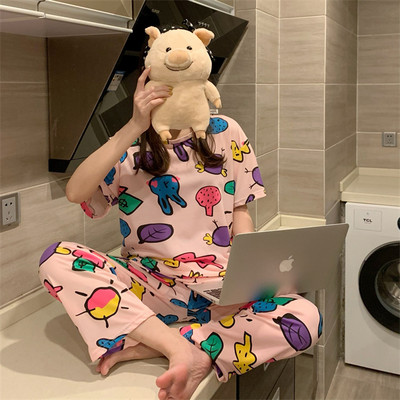 2022. gada jauns vasaras pidžamas komplekts sieviešu īsām piedurkņu pidžamām, garām biksēm Femme Cardigan naktsveļa uzvalks Sweet Fresh Home Wear