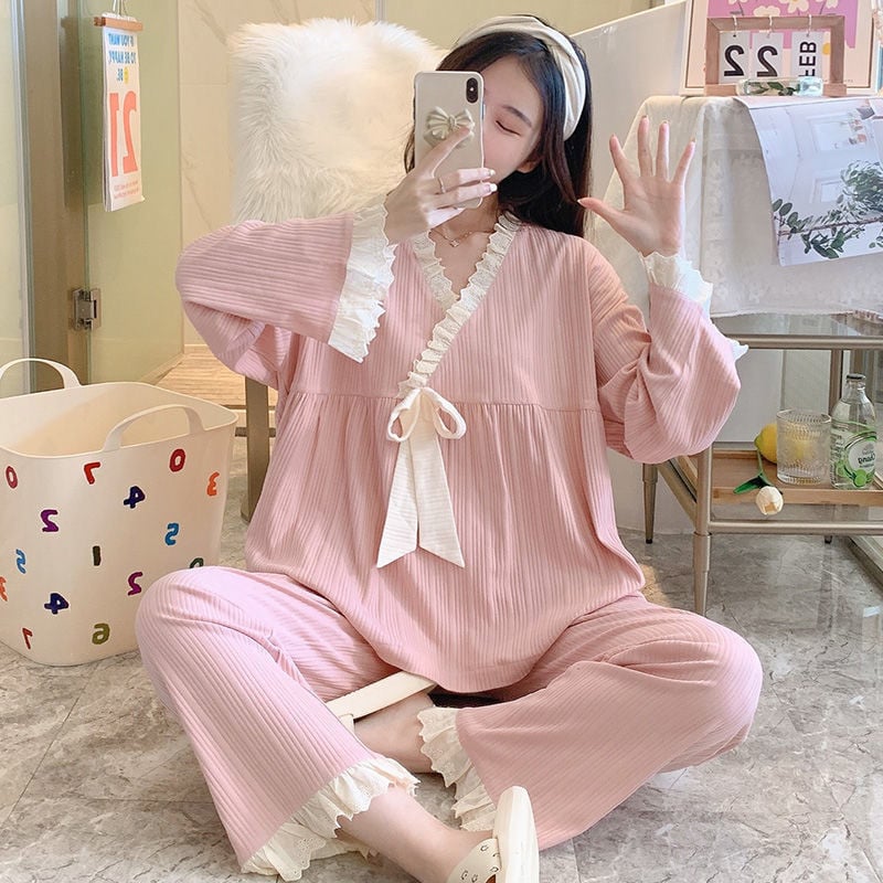 Pyžamové súpravy pre ženy, sladké dievčatá, dlhý rukáv, čipkované pyžamo s výstrihom do V, jar, jeseň, voľné, útulné, kawaii, princezná, retro, s mašľou