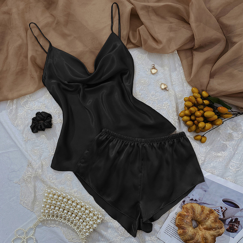 Jauns Sexxy Nightie Woman plānas bikšturi Sieviešu pidžamas Viegls guļamveļa vienkrāsains ledus zīda pidžamu komplekti, divi gab. + matu gredzeni