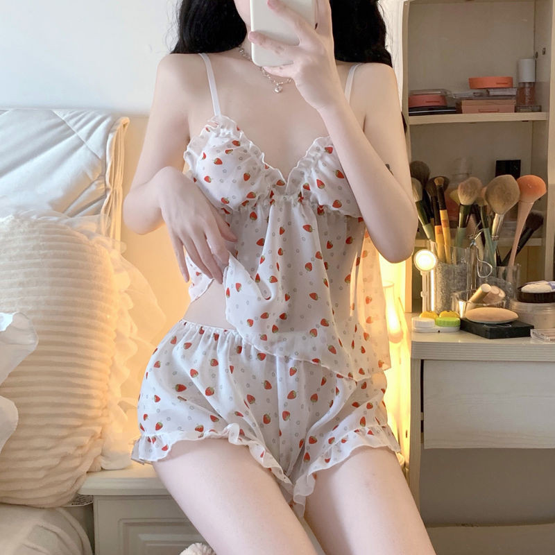 Pizsama szettek Női Szép koreai stílusú nyári hálóruha Stílusos vékony mintás lányos otthoni ruha Édes Femme Népszerű Könnyű Puha Lounge