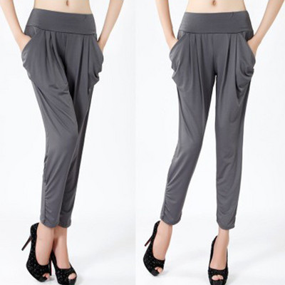 Viena izmēra vasaras plānās sieviešu deviņu punktu bikses piena zīda kabatas vienkrāsainas brīvas ikdienas bikses ar augstu vidukli Pelēkas harēmas apakšbikses