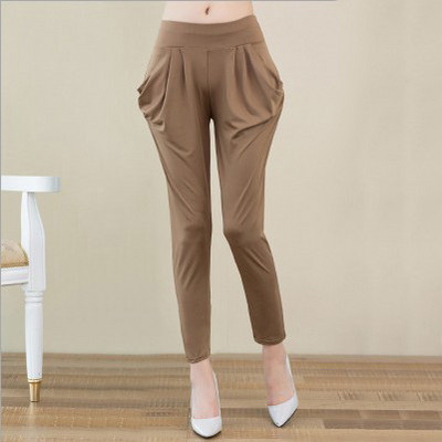 Viena izmēra vasaras plānās sieviešu deviņu punktu bikses piena zīda kabatas vienkrāsainas brīvas ikdienas bikses ar augstu vidukli Pelēkas harēmas apakšbikses