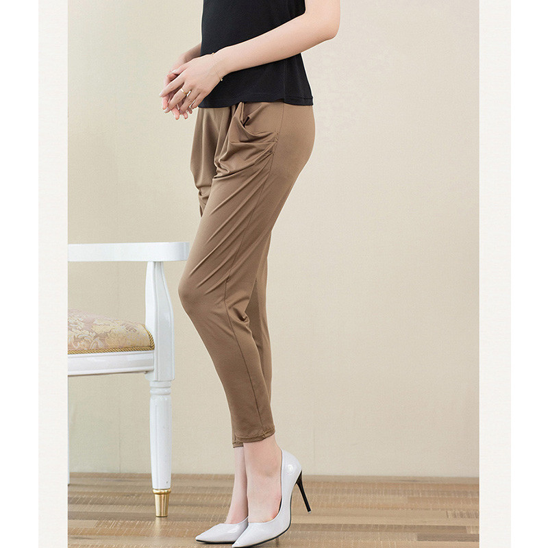 Viena izmēra vasaras plānās sieviešu deviņu punktu bikses piena zīda kabatas vienkrāsainas brīvas ikdienas bikses ar augstu vidukli Pelēkas harēmas apakšbikses
