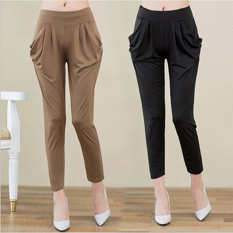 Viena izmēra vasaras plānās sieviešu deviņu punktu bikses piena zīda kabatas vienkrāsainas brīvas ikdienas bikses ar augstu vidukli Pelēkas harēmas apakšbikses