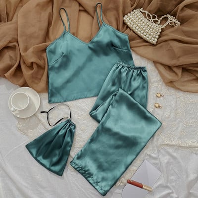 Spring Summer Solid 3db szatén pizsama szett Kiváló minőségű hálóruha Női hálóruha