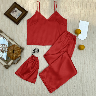 Spring Summer Solid 3db szatén pizsama szett Kiváló minőségű hálóruha Női hálóruha