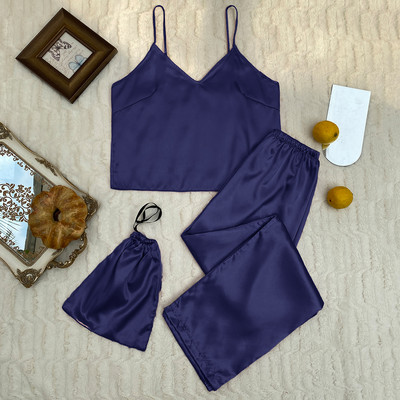 Spring Summer Solid 3db szatén pizsama szett Kiváló minőségű hálóruha Női hálóruha