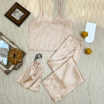 Spring Summer Solid 3db szatén pizsama szett Kiváló minőségű hálóruha Női hálóruha