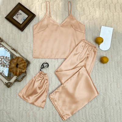 Spring Summer Solid 3db szatén pizsama szett Kiváló minőségű hálóruha Női hálóruha