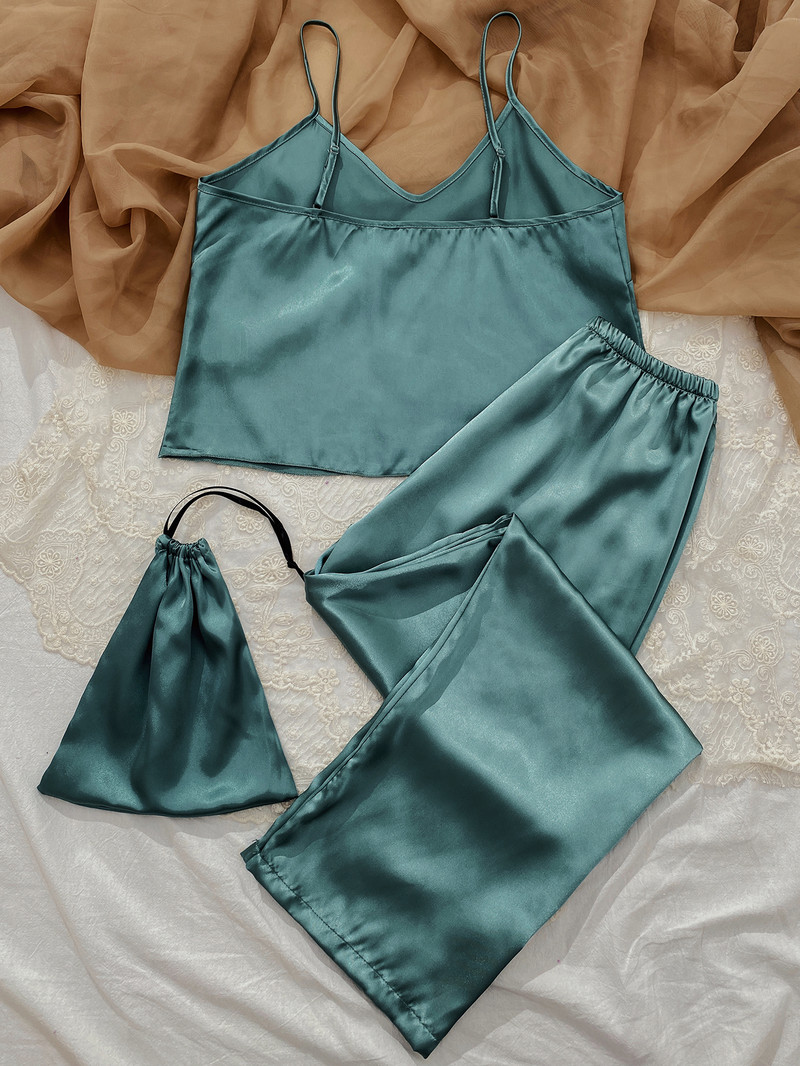 Spring Summer Solid 3db szatén pizsama szett Kiváló minőségű hálóruha Női hálóruha