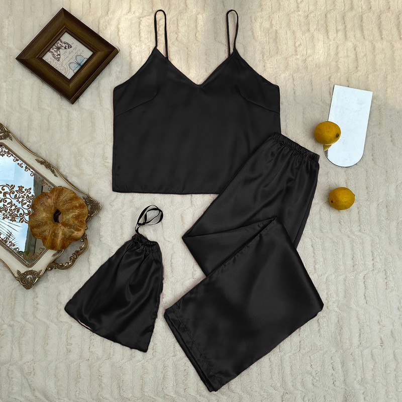 Spring Summer Solid 3db szatén pizsama szett Kiváló minőségű hálóruha Női hálóruha