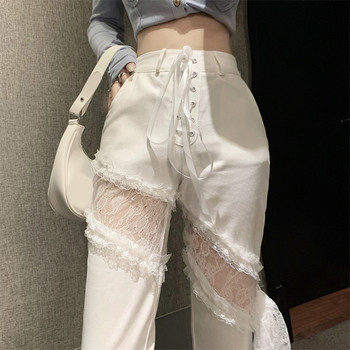 Ψηλόμεσο Slim Casual Split Λευκό Παντελόνι Γυναικείο ίσιο Φαρδύ Παντελόνι Δαντέλας Κούφι έξω Τζιν Cargo Pantalones Mujer